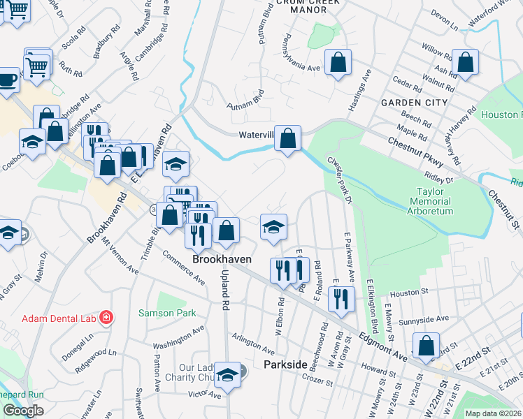 map of restaurants, bars, coffee shops, grocery stores, and more near 63 Park Valley Lane in Brookhaven