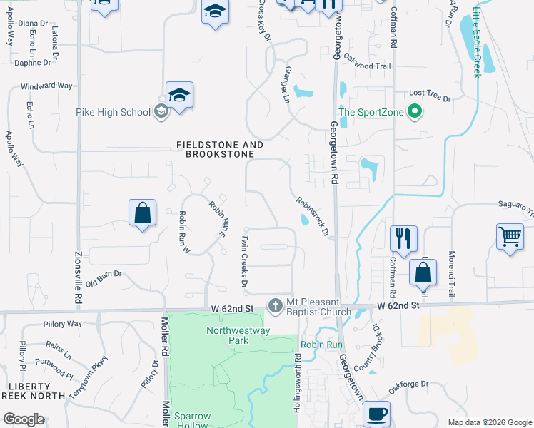 map of restaurants, bars, coffee shops, grocery stores, and more near 6368 Stonecreek Dr in Indianapolis