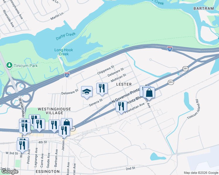 map of restaurants, bars, coffee shops, grocery stores, and more near 210 Pontiac Street in Tinicum Township
