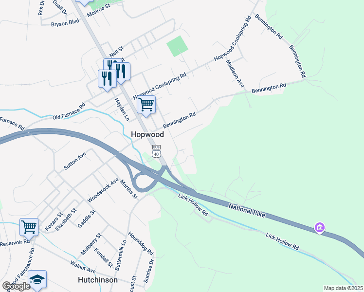 map of restaurants, bars, coffee shops, grocery stores, and more near 1002 Woodstock Ave in Hopwood