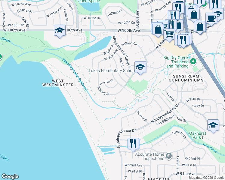 map of restaurants, bars, coffee shops, grocery stores, and more near 9738 West 97th Place in Westminster