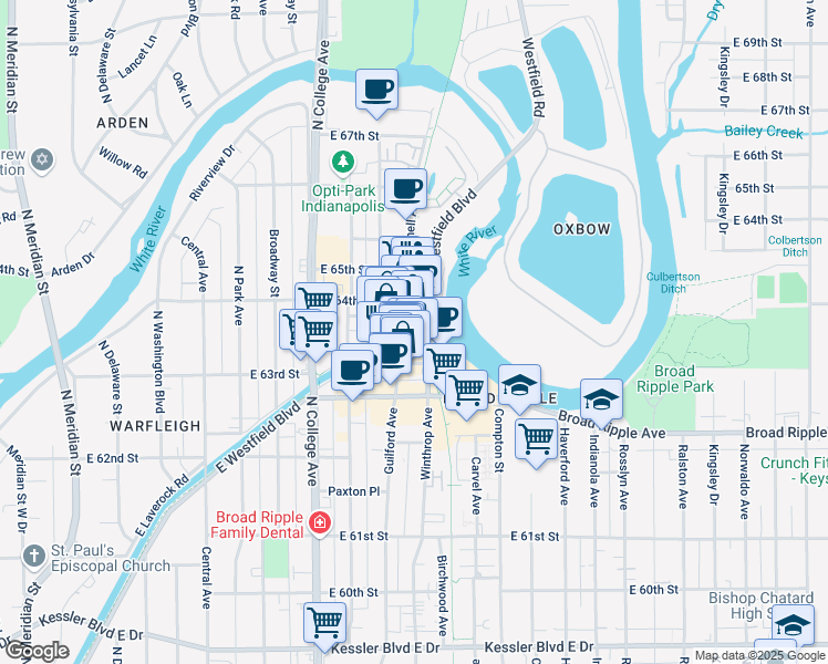 map of restaurants, bars, coffee shops, grocery stores, and more near 6344 Cornell Avenue in Indianapolis
