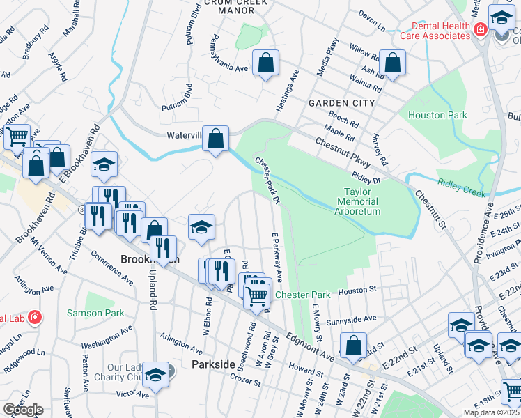 map of restaurants, bars, coffee shops, grocery stores, and more near 231 East Avon Road in Brookhaven