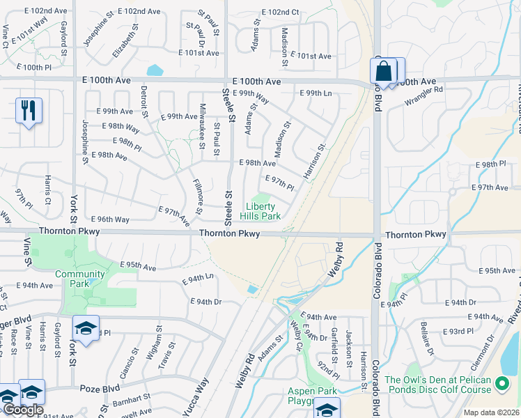 map of restaurants, bars, coffee shops, grocery stores, and more near 3401 East 96th Place in Thornton