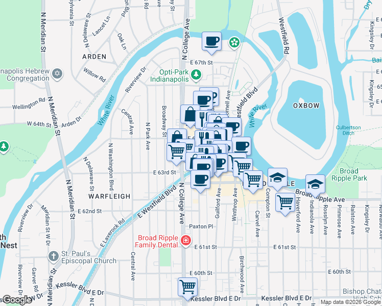 map of restaurants, bars, coffee shops, grocery stores, and more near 6349 North College Avenue in Indianapolis