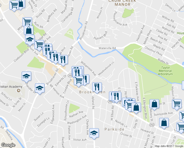 map of restaurants, bars, coffee shops, grocery stores, and more near 3416 Williamson Avenue in Brookhaven