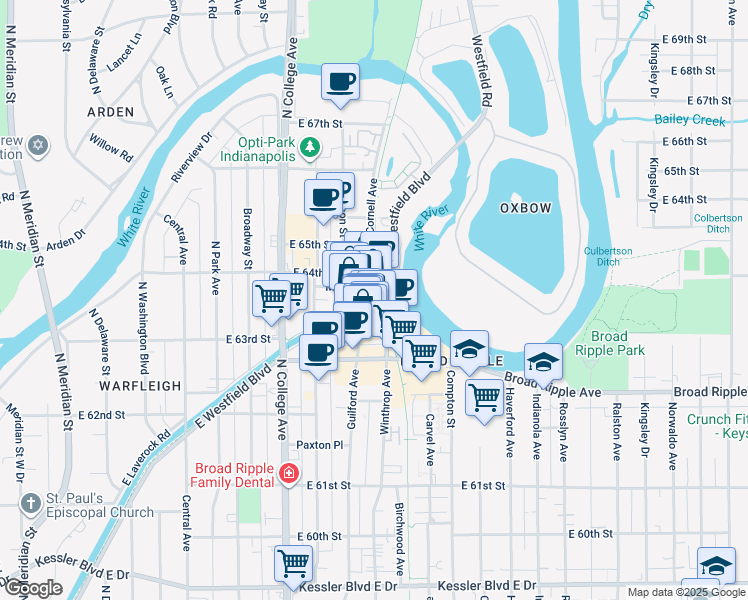 map of restaurants, bars, coffee shops, grocery stores, and more near 6344 Cornell Avenue in Indianapolis