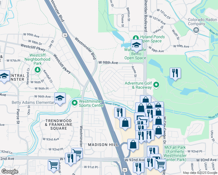 map of restaurants, bars, coffee shops, grocery stores, and more near 5642 West 96th Avenue in Westminster