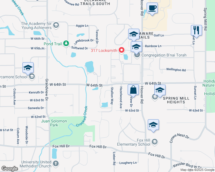 map of restaurants, bars, coffee shops, grocery stores, and more near 1005 West 64th Street in Indianapolis