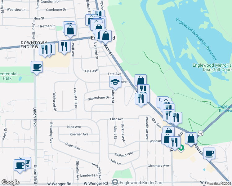 map of restaurants, bars, coffee shops, grocery stores, and more near 702 Albert Street in Englewood