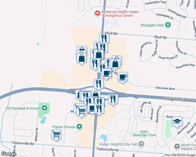 map of restaurants, bars, coffee shops, grocery stores, and more near 8193 Old Troy Pike in Huber Heights