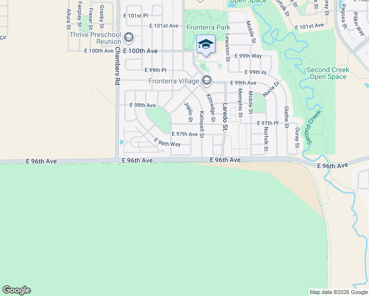 map of restaurants, bars, coffee shops, grocery stores, and more near 15771 East 96th Place in Commerce City