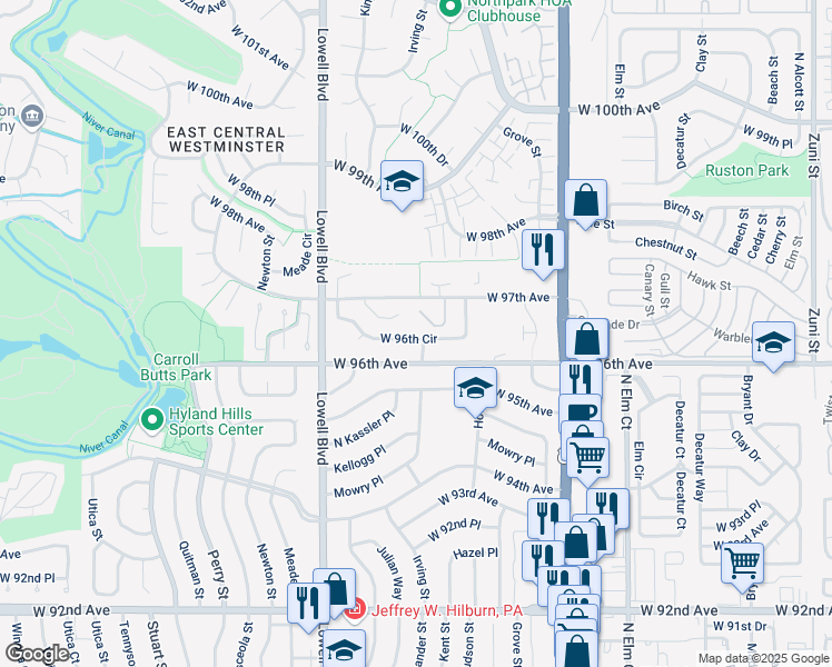 map of restaurants, bars, coffee shops, grocery stores, and more near 3382 West 96th Circle in Westminster
