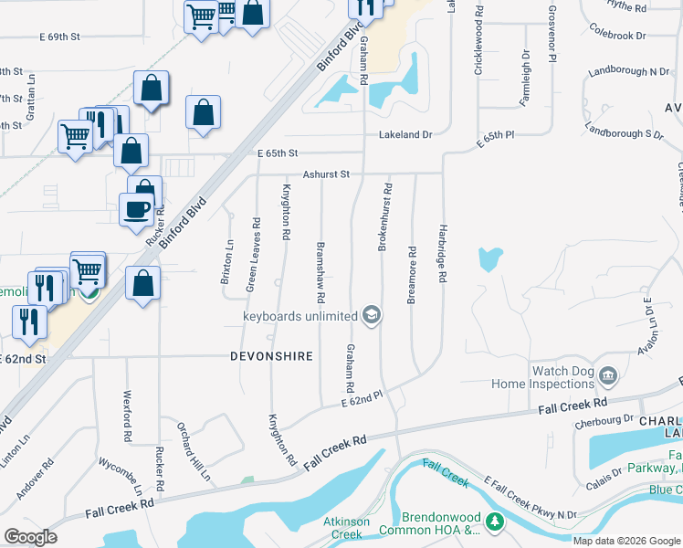 map of restaurants, bars, coffee shops, grocery stores, and more near 6315 Bramshaw Road in Indianapolis