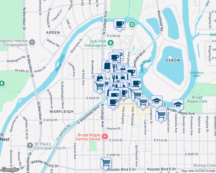 map of restaurants, bars, coffee shops, grocery stores, and more near 712 East 63rd Place in Indianapolis