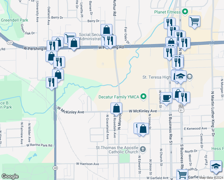 map of restaurants, bars, coffee shops, grocery stores, and more near 2689 North Monroe Street in Decatur