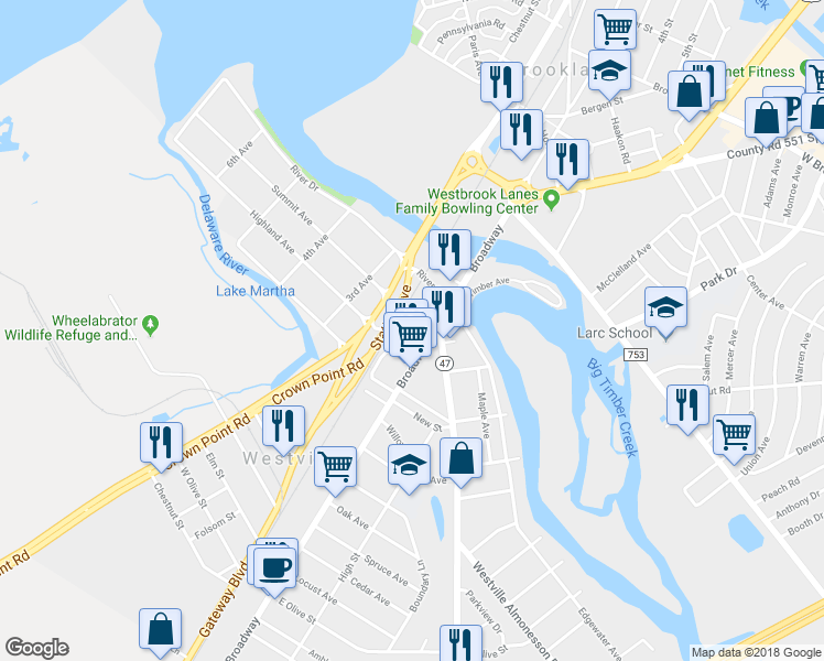 map of restaurants, bars, coffee shops, grocery stores, and more near 133 Crown Point Road in Westville