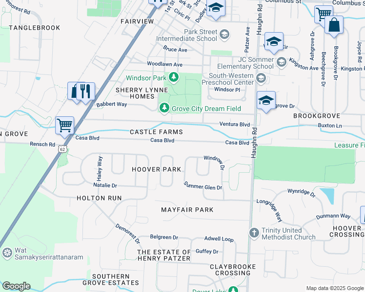 map of restaurants, bars, coffee shops, grocery stores, and more near 3879 Casa Boulevard in Grove City