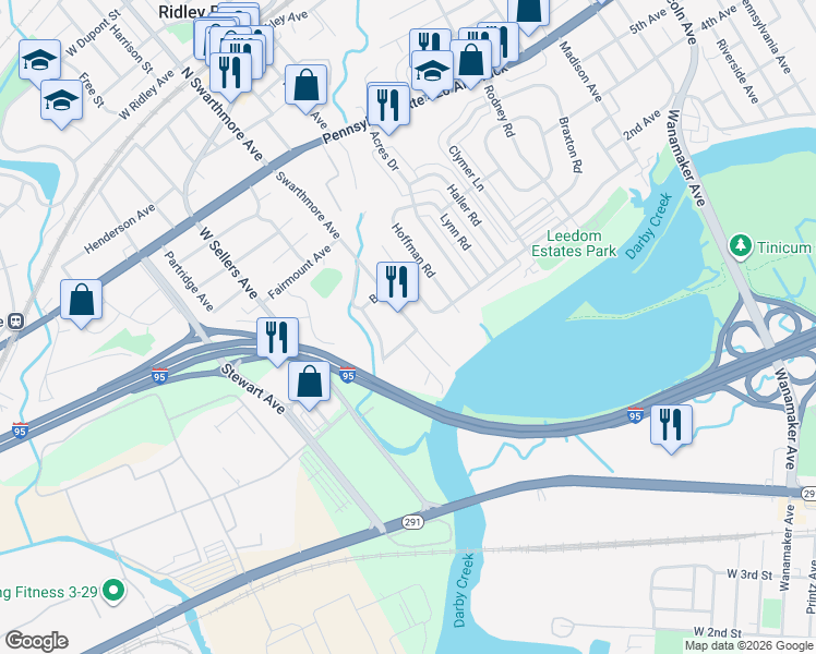 map of restaurants, bars, coffee shops, grocery stores, and more near 305 Swarthmore Avenue in Ridley Park