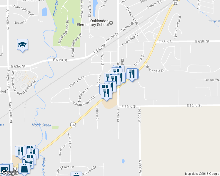 map of restaurants, bars, coffee shops, grocery stores, and more near 11730 Pendleton Pike in Lawrence
