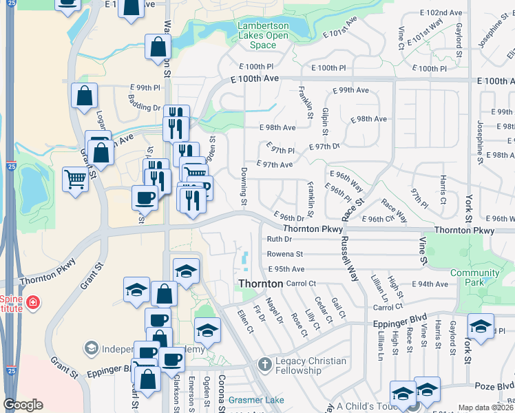 map of restaurants, bars, coffee shops, grocery stores, and more near 1392 East 96th Drive in Thornton