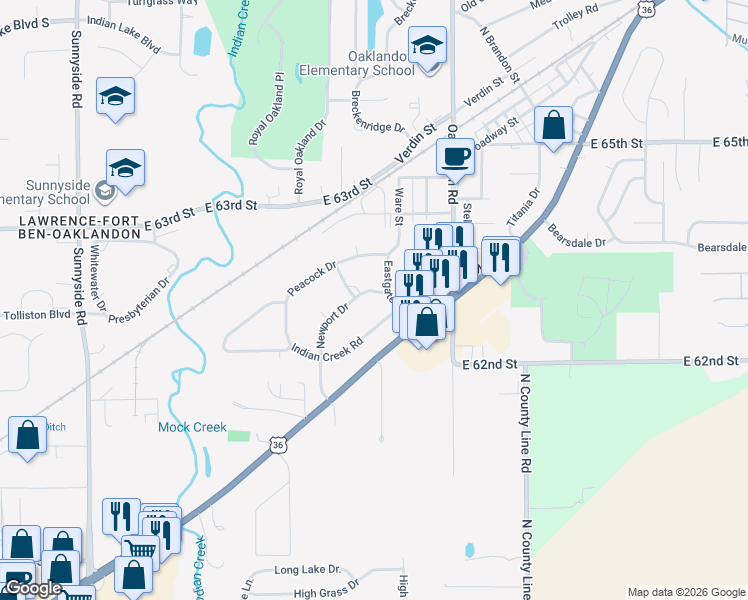 map of restaurants, bars, coffee shops, grocery stores, and more near 11645 Newport Drive in Indianapolis