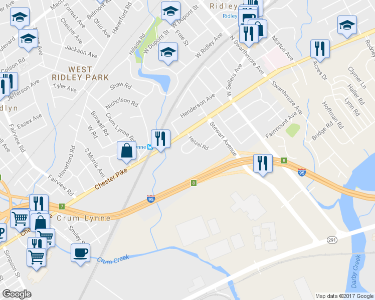 map of restaurants, bars, coffee shops, grocery stores, and more near 40 Collier Circle in Ridley Park