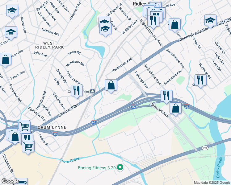 map of restaurants, bars, coffee shops, grocery stores, and more near 40 Collier Circle in Ridley Park