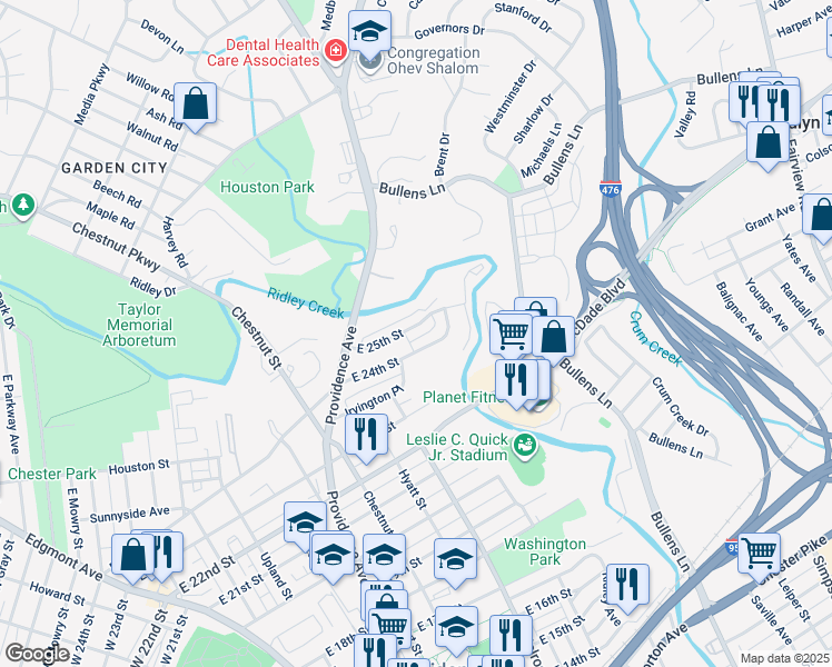 map of restaurants, bars, coffee shops, grocery stores, and more near 741 East 25th Street in Chester