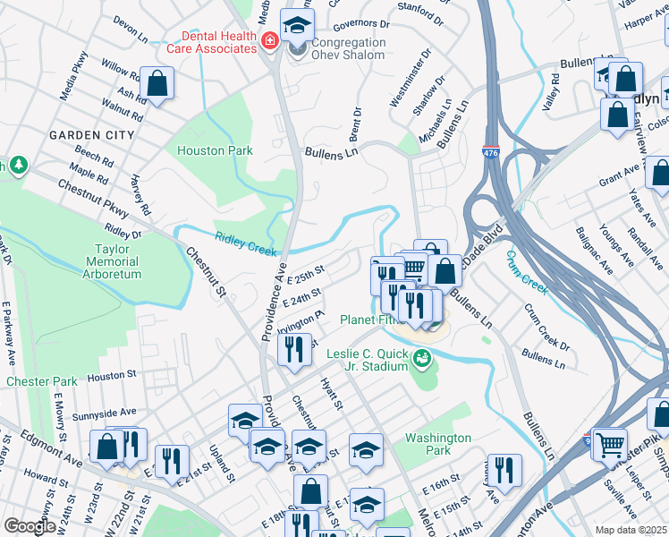 map of restaurants, bars, coffee shops, grocery stores, and more near 741 East 25th Street in Chester
