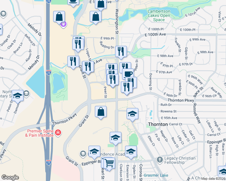 map of restaurants, bars, coffee shops, grocery stores, and more near 635 Thornton Parkway in Thornton