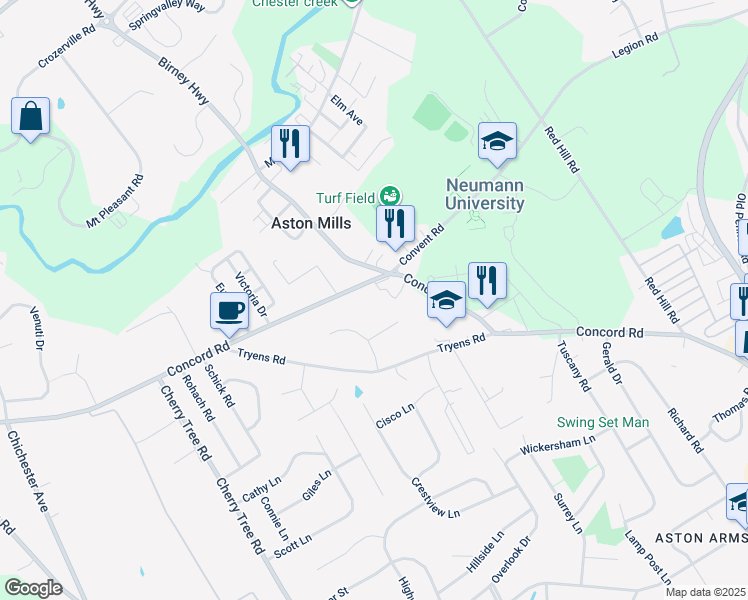 map of restaurants, bars, coffee shops, grocery stores, and more near 4111 Concord Road in Aston