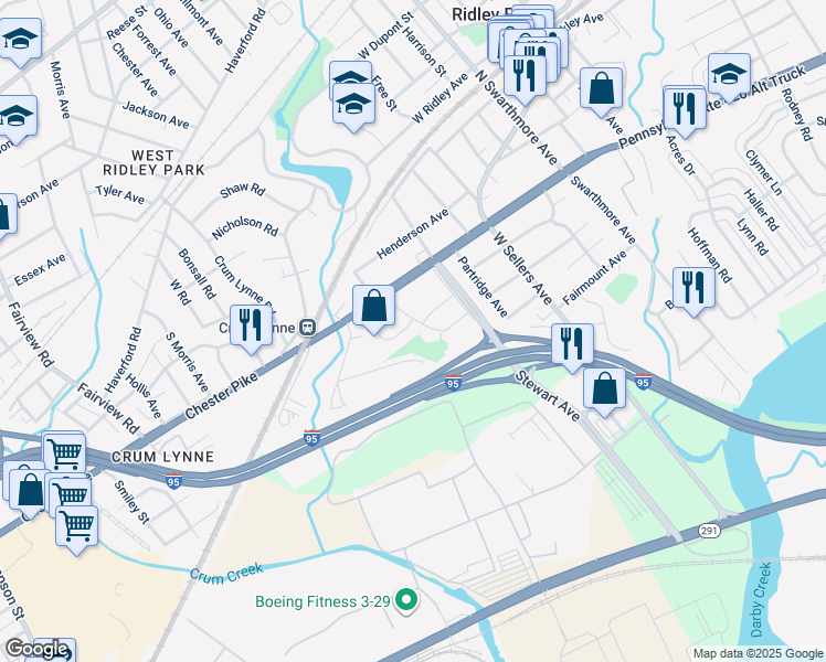 map of restaurants, bars, coffee shops, grocery stores, and more near 55 Collier Circle in Ridley Park