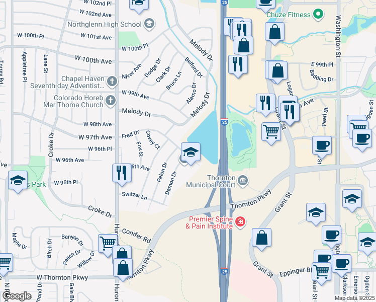 map of restaurants, bars, coffee shops, grocery stores, and more near 9645 Damon Drive in Northglenn
