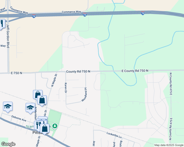 map of restaurants, bars, coffee shops, grocery stores, and more near 4279 East County Road 750 North in Pittsboro