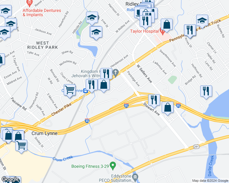 map of restaurants, bars, coffee shops, grocery stores, and more near 55 Collier Circle in Ridley Park