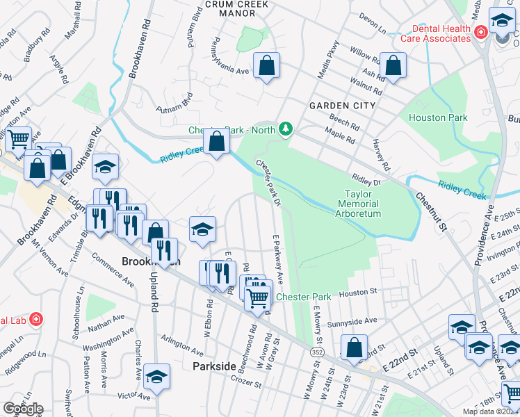 map of restaurants, bars, coffee shops, grocery stores, and more near 231 East Avon Road in Brookhaven