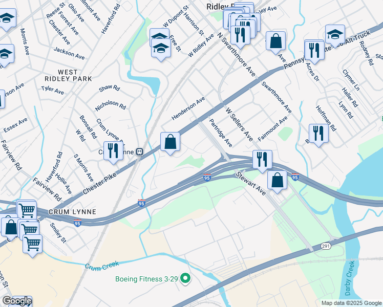 map of restaurants, bars, coffee shops, grocery stores, and more near 22 Hetzel Road in Ridley Park