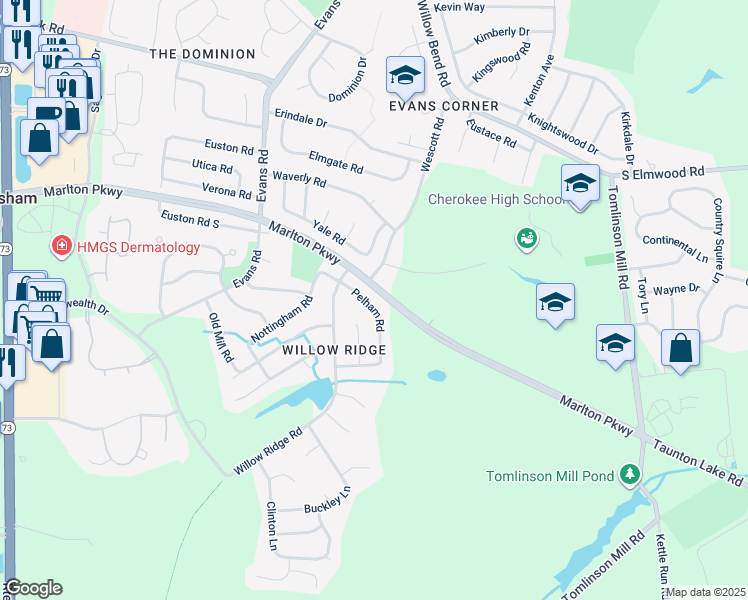 map of restaurants, bars, coffee shops, grocery stores, and more near 16 Pelham Road in Evesham