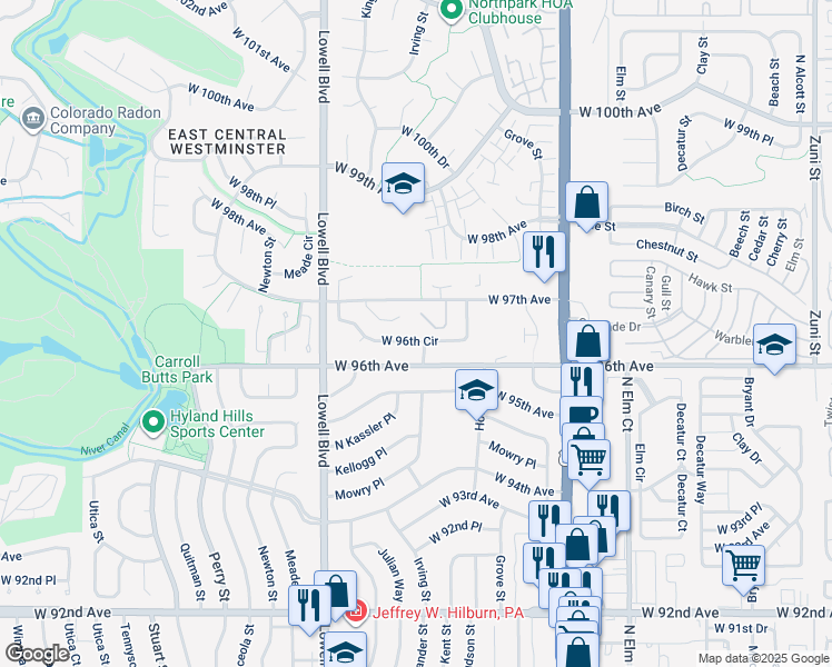 map of restaurants, bars, coffee shops, grocery stores, and more near 3323 West 96th Circle in Westminster