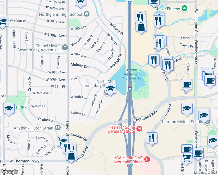 map of restaurants, bars, coffee shops, grocery stores, and more near 9645 Damon Drive in Northglenn