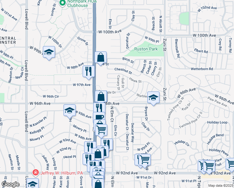 map of restaurants, bars, coffee shops, grocery stores, and more near 2961 Oriole Street in Denver