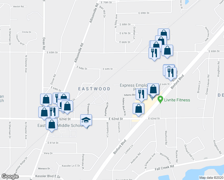 map of restaurants, bars, coffee shops, grocery stores, and more near 4865 East 64th Street in Indianapolis