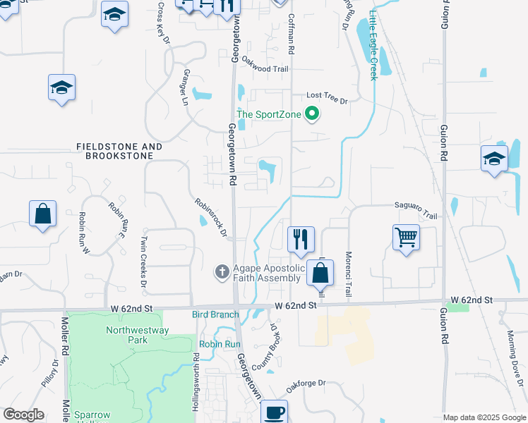 map of restaurants, bars, coffee shops, grocery stores, and more near 4835 Pebble Way East in Indianapolis