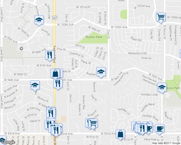 map of restaurants, bars, coffee shops, grocery stores, and more near 9710 Lark Street in Denver
