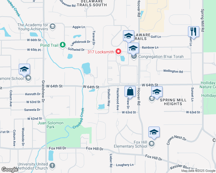 map of restaurants, bars, coffee shops, grocery stores, and more near 1005 West 64th Street in Indianapolis