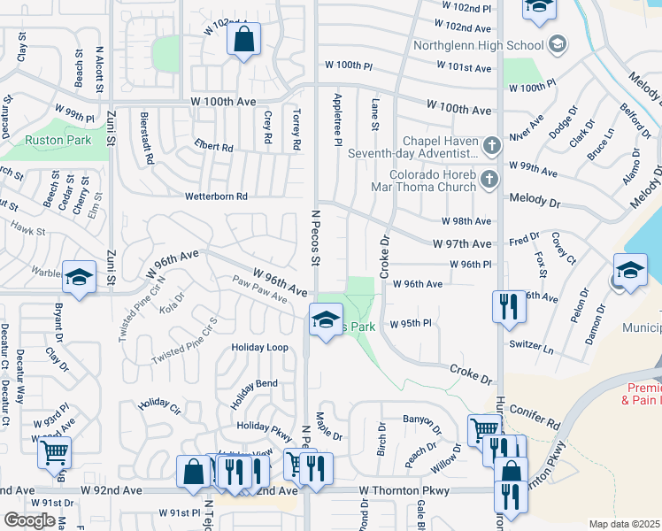 map of restaurants, bars, coffee shops, grocery stores, and more near 9621 Orangewood Drive in Thornton