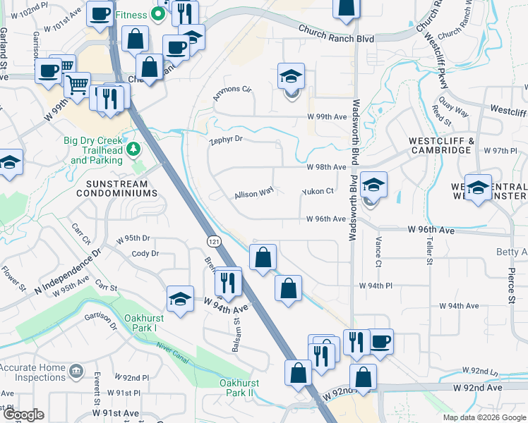 map of restaurants, bars, coffee shops, grocery stores, and more near 8041 West 96th Avenue in Westminster