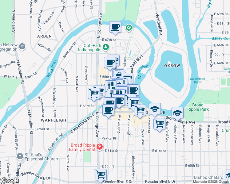 map of restaurants, bars, coffee shops, grocery stores, and more near 6327 Ferguson Street in Indianapolis