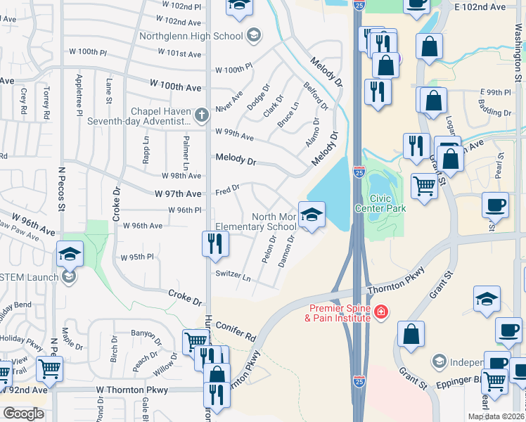 map of restaurants, bars, coffee shops, grocery stores, and more near 9629 Lou Drive in Northglenn
